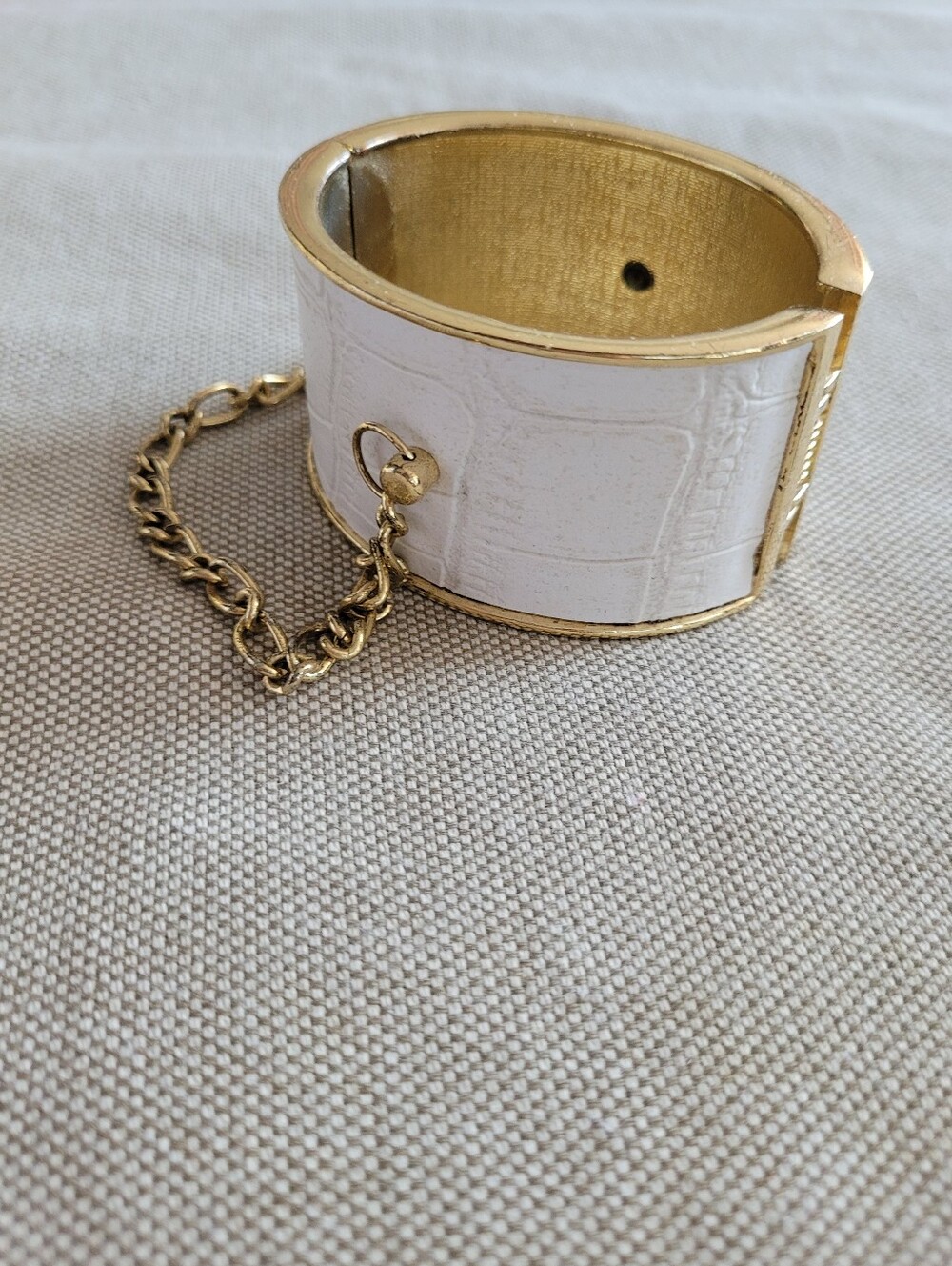 Gold and White Croc-Texture Cuff Bracelet with Safety Chain